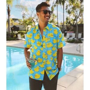 Tipsy Elves Mens Rubber Ducky Hawaiian Shirt Blue Yellow Short Sleeve Large NEW